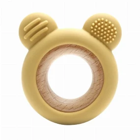 Lorelli drvena silikonska glodalica za bebe Bear, Natural Yellow